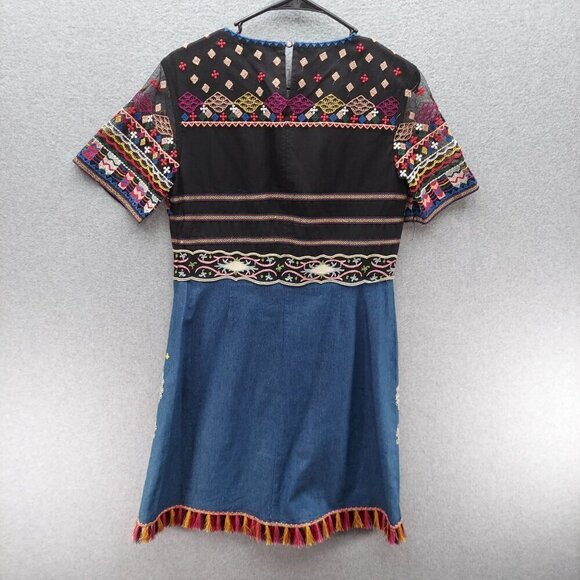 Embroidered Multicolor Short-Sleeve Dress With Fringe Hem By V Cristina Size 6 - Picture 2 of 3